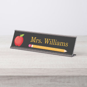 Apple and Pencil Teacher Black Modern Desk Name Plate