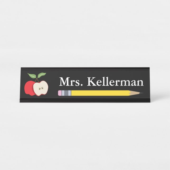 Apple and Pencil Teacher's Name Black Desk Name Plate (Front)