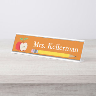 Apple and Pencil Teacher's Name Orange Desk Name Plate