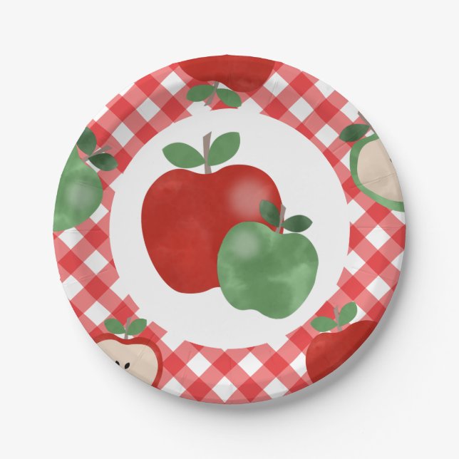 Apple and Red Plaid Birthday Paper Plates (Front)