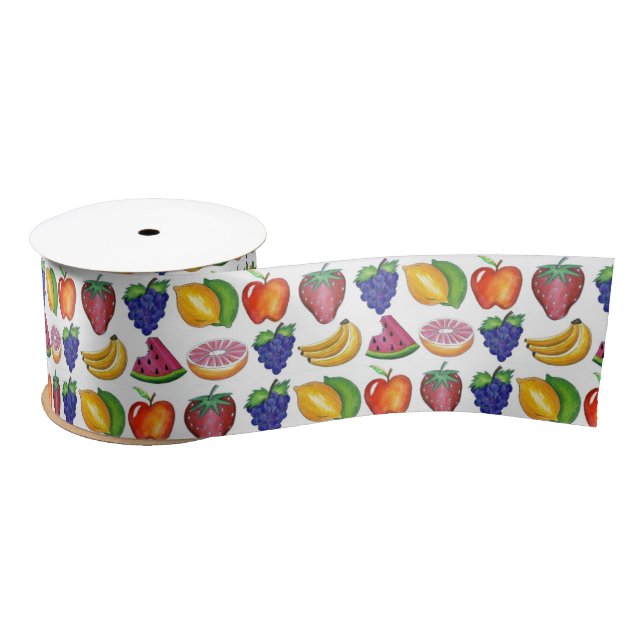 Apple Banana Lemon Lime Grapes Berry Fruit Salad Satin Ribbon (Spool)