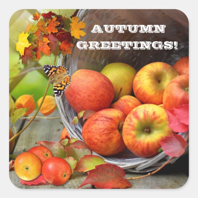Apple Basket Autumn Greetings  Rectangular Sticker (Front)
