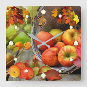 Apple Basket Autumn Scene Square Wall Clock