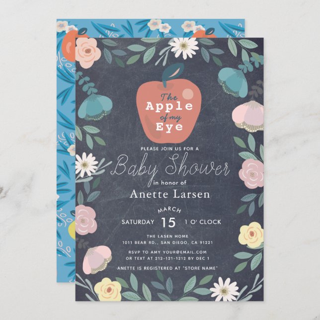 Apple Black Chalkboard Floral Blue Baby Shower Invitation (Front/Back)