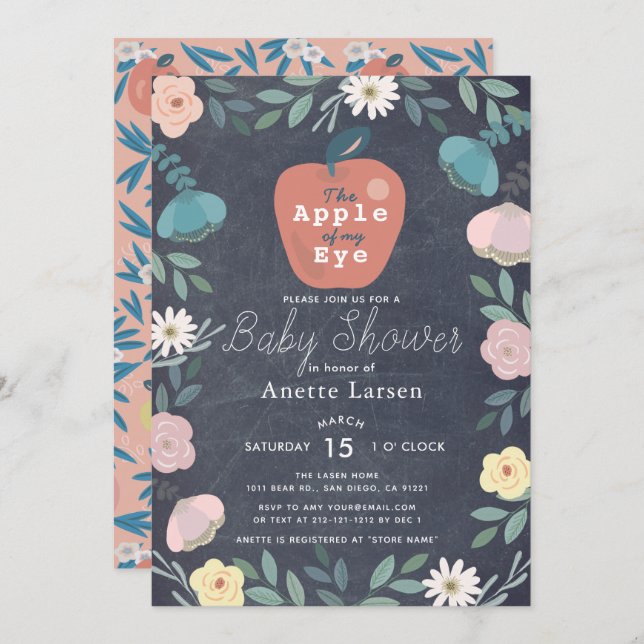 Apple Black Chalkboard Floral Pink Baby Shower Invitation (Front/Back)