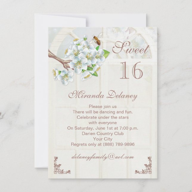 Apple blossom and bee Sweet 16 Invitation (Front)