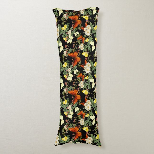 Apple blossom and Butterflies Black Background Body Cushion (Front Vertical)