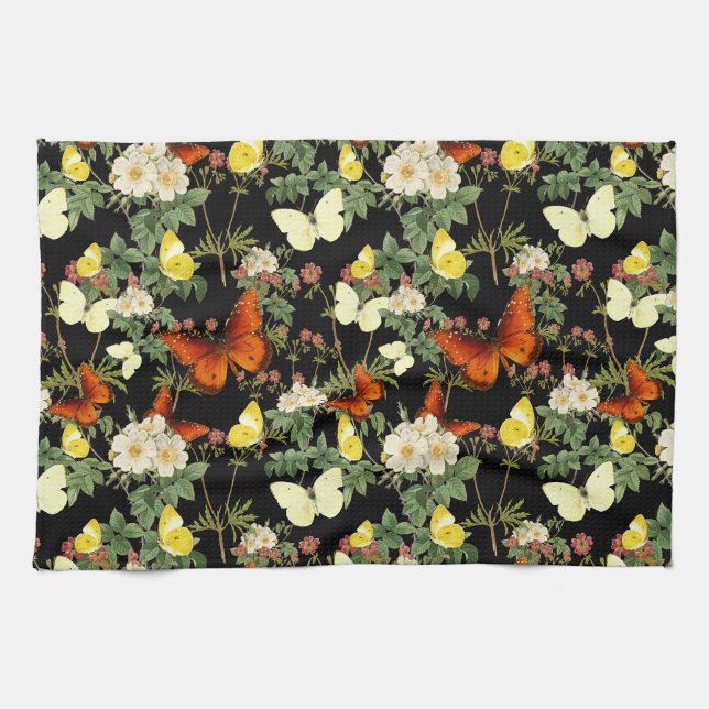 Apple blossom and Butterflies Black Background Tea Towel (Horizontal)