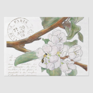 Apple Blossom Branch Bee French Script Decoupage   Tissue Paper