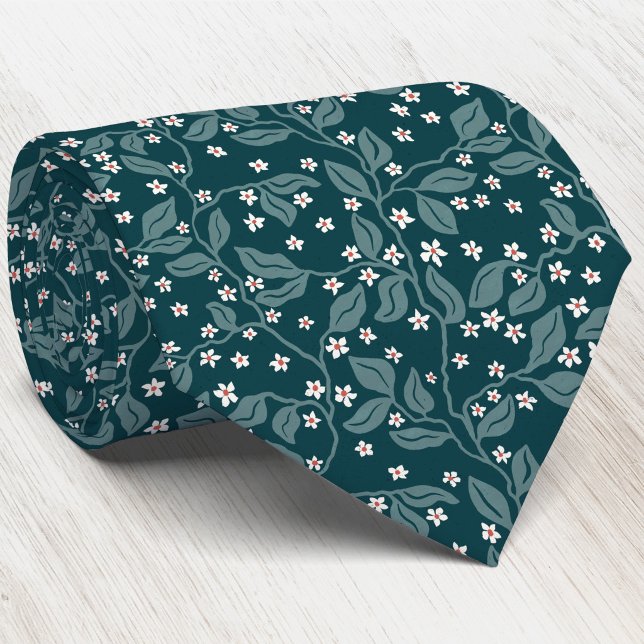 Apple Blossom Branches Botanical Green Block Print Tie (Apple blossom branches foliage Arts and Crafts heritage style teal green botanical neck tie)