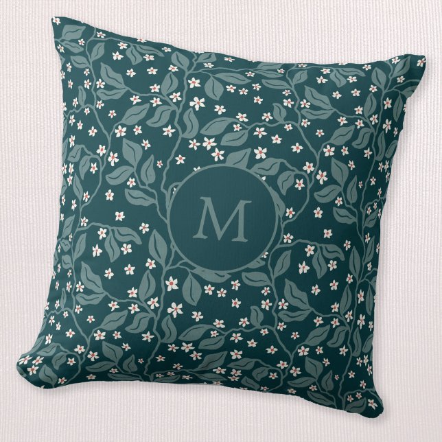 Apple Blossom Branches Botanical Green Monogram Cushion (Apple blossom trailing branches dark teal green monogram initial personalized throw pillow)