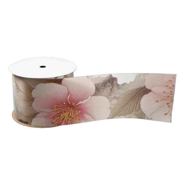 Apple Blossom Branches Satin Ribbon (Spool)