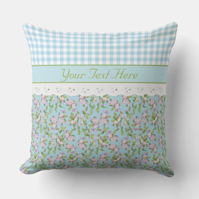 Apple Blossom Floral, Blue Check Gingham and Lace Cushion (Front)