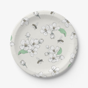Apple Blossom Honey Bee Ivory White Paper Plate