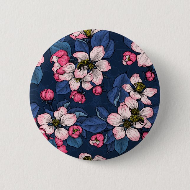 Apple blossom on a dark blue 6 cm round badge (Front)