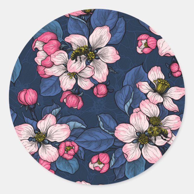 Apple blossom on a dark blue classic round sticker (Front)
