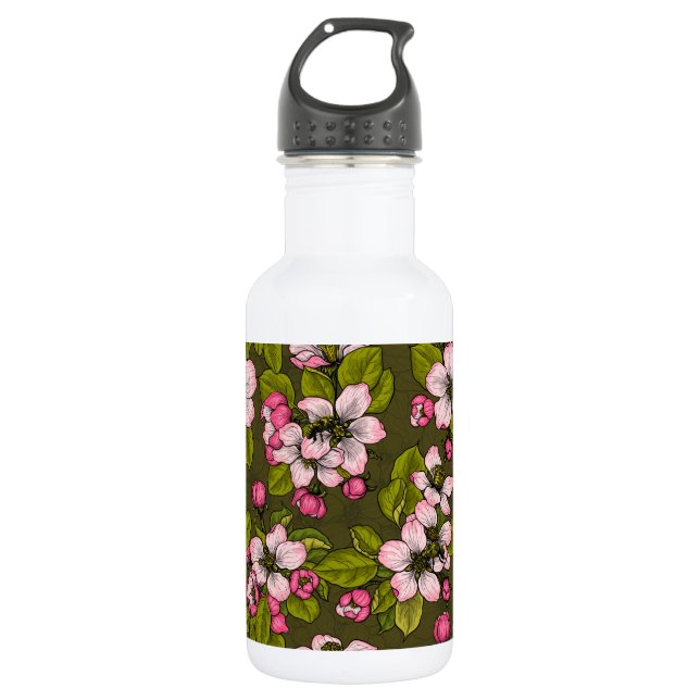 Apple blossom on dark green 532 ml water bottle (Front)
