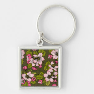 Apple blossom on dark green key ring