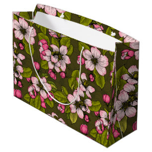Apple blossom on dark green large gift bag