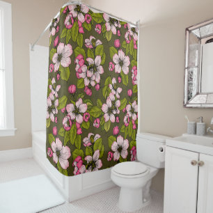Apple blossom on dark green shower curtain