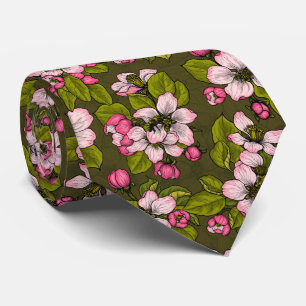 Apple blossom on dark green tie