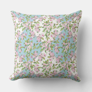 Apple Blossom on Sky Blue and White Faux Patchwork Cushion