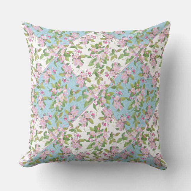 Apple Blossom on Sky Blue and White Faux Patchwork Cushion (Front)