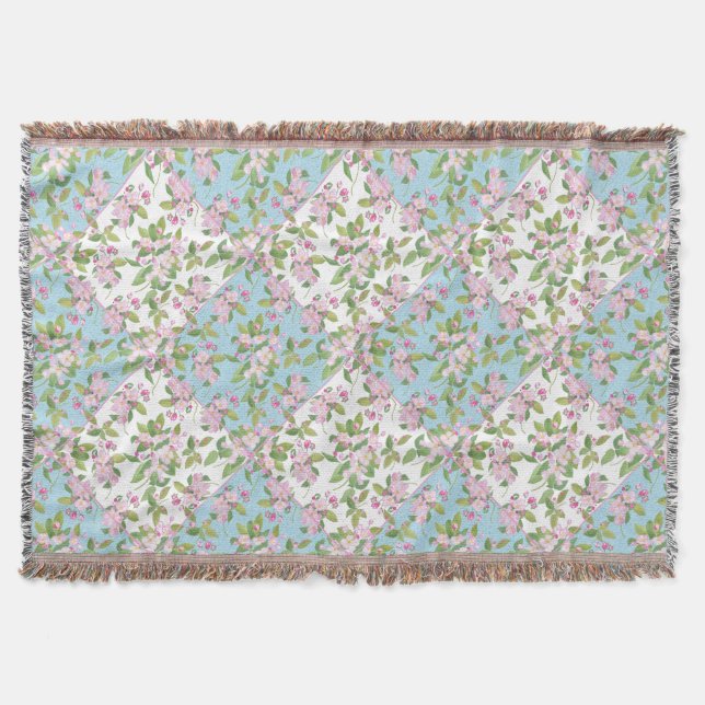 Apple Blossom on Sky Blue and White Faux Patchwork Throw Blanket (Front)