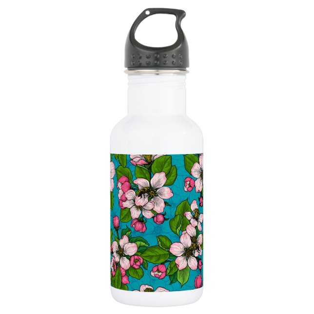 Apple blossom on turquoise 532 ml water bottle (Front)