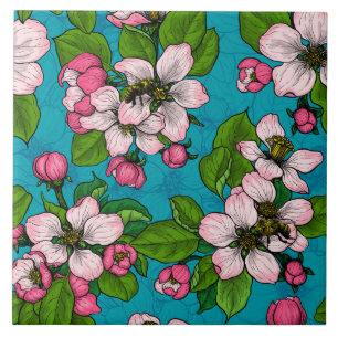 Apple blossom on turquoise ceramic tile