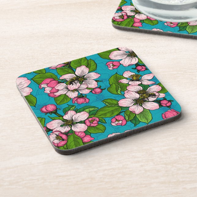 Apple blossom on turquoise coaster (Left Side)