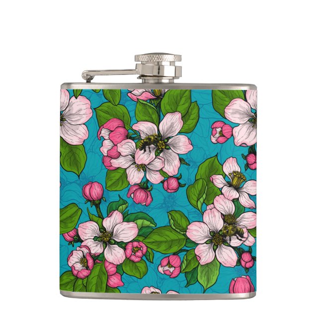 Apple blossom on turquoise hip flask (Front)