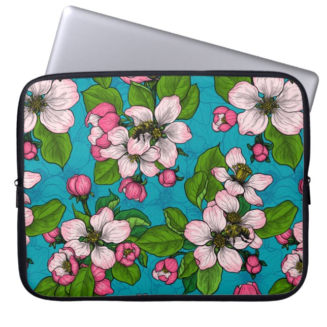 Apple blossom on turquoise laptop sleeve (Front)
