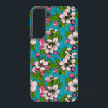 Apple blossom on turquoise samsung galaxy case<br><div class="desc">Hand drawn apple blossoms  and bees on turquoise background</div>