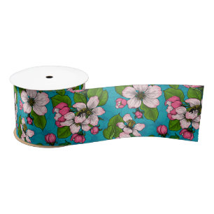 Apple blossom on turquoise satin ribbon