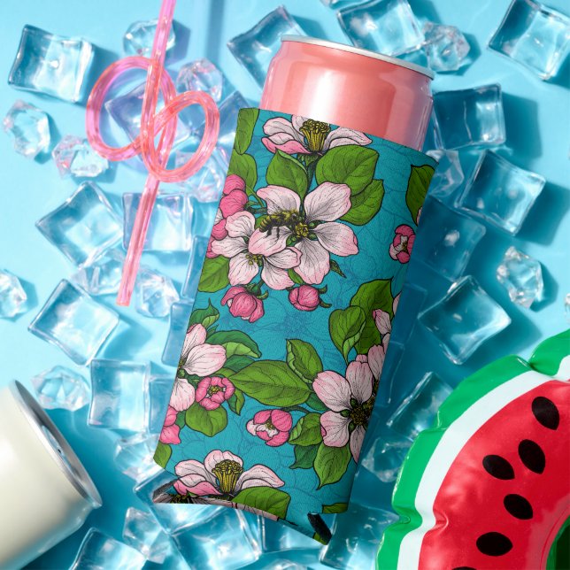 Apple blossom on turquoise seltzer can cooler (In Situ Summer)