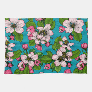Apple blossom on turquoise tea towel