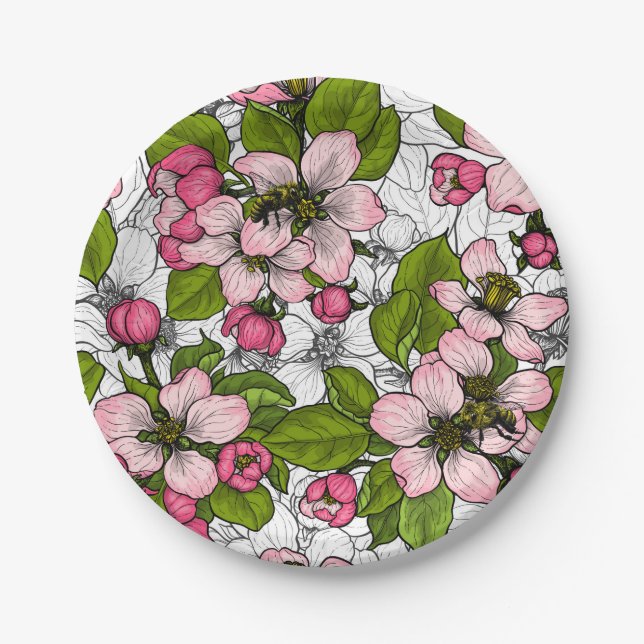 Apple blossom on white paper plate (Front)