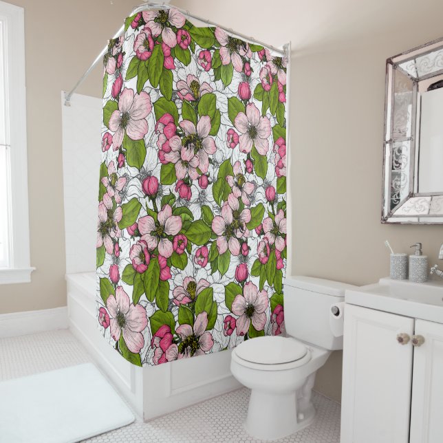 Apple blossom on white shower curtain (In Situ)