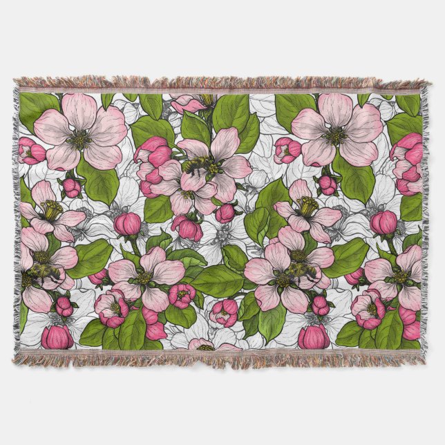 Apple blossom on white throw blanket (Front)