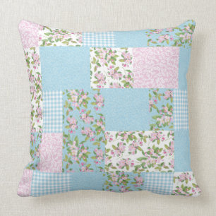Apple Blossom Pink and Blue Floral Faux Patchwork Cushion