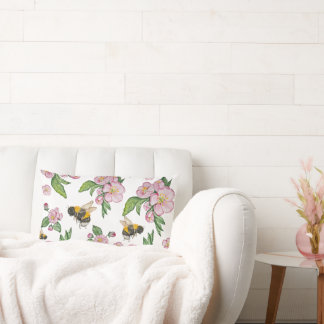 Apple blossom tree and bees watercolor pattern lumbar cushion