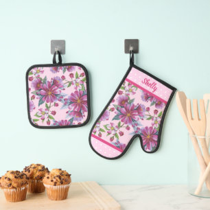 Apple Blossoms and Pink Polka Dots Oven Mitt & Pot Holder Set