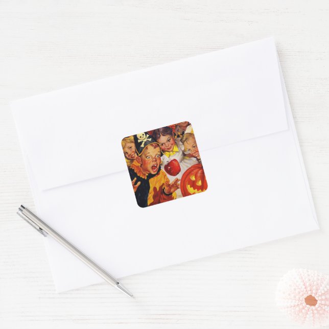 Apple Bobbing Dangers | Retro Halloween Square Sticker (Envelope)