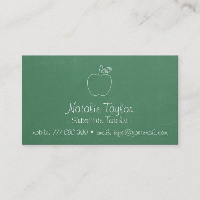 Apple Doodle Green Chalkboard Substitute Teacher Business Card (Front)