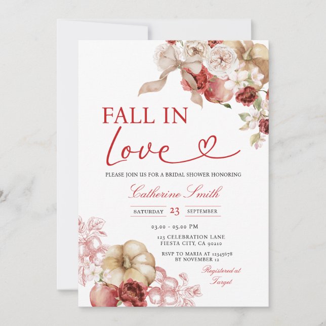 Apple Fall in Love Pumpkin Bridal Shower Autumn Invitation (Front)