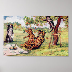 Apple Falling on Two Cats at a Picnic, Louis Wain Poster