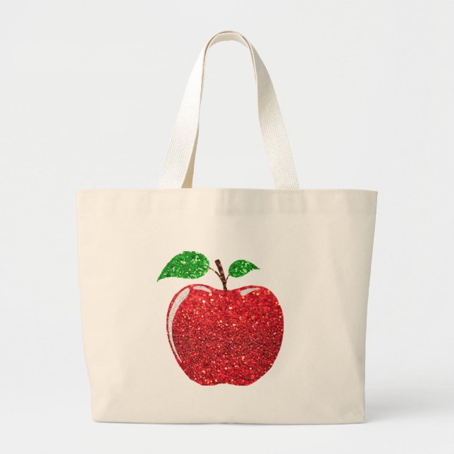 Apple Faux Red Glitter Large Tote Bag (Front)