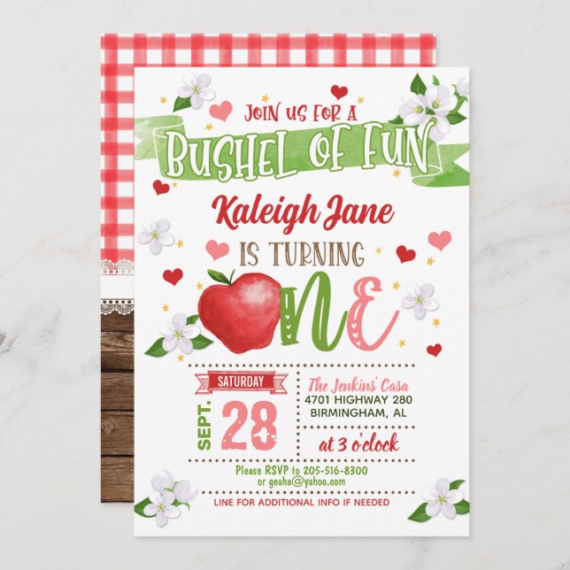 Apple First Birthday Invitation - Bushel of Fun (Front/Back)