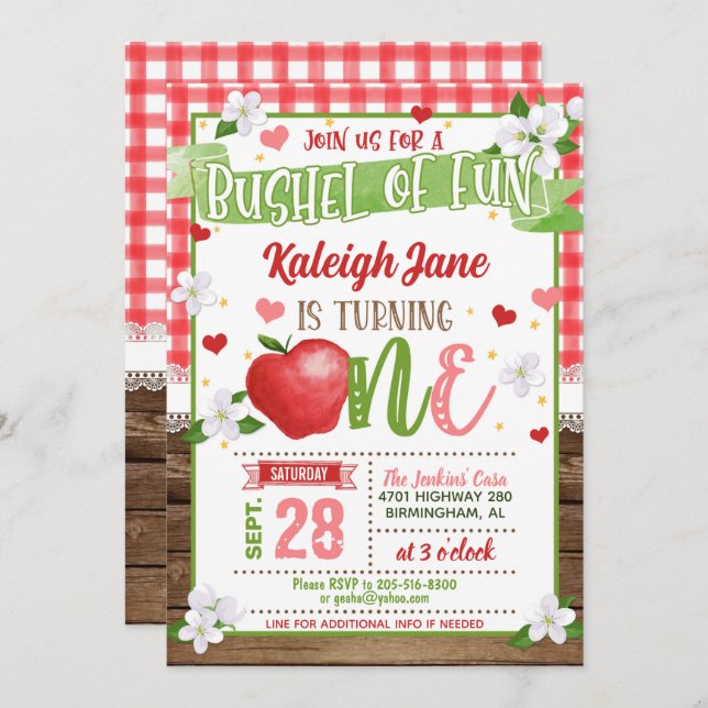 Apple First Birthday Invitation - Bushel of Fun G (Front/Back)